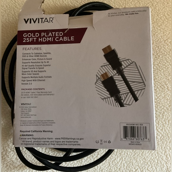 VIVITAR 25ft HDMI Cable Cord NEW! NIB! Extra LONG 25’ gold plated HDMI Cable - Picture 3 of 5